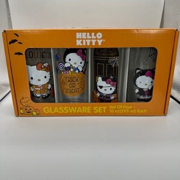 Hello Kitty Halloween Drinking Glasses Glassware Set of 4 Pumpkin Spider Cat New - Picture 1 of 13